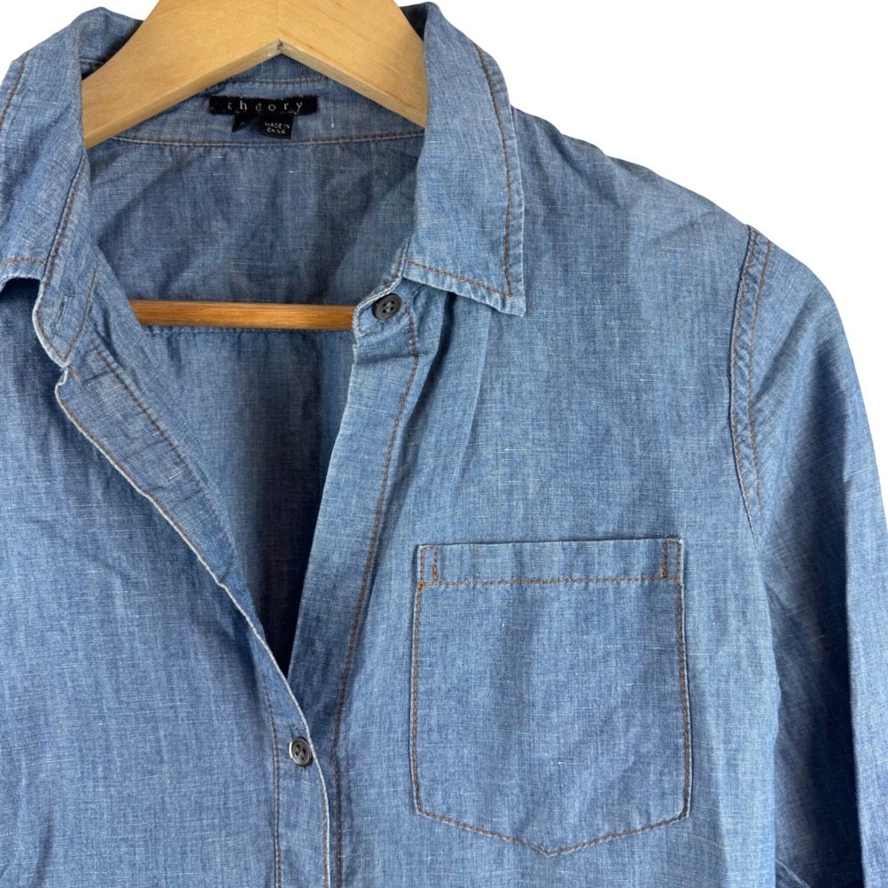 Theory Nikala D/Orient Button Down Shirt Womens Small Blue Cotton Linen Chambray